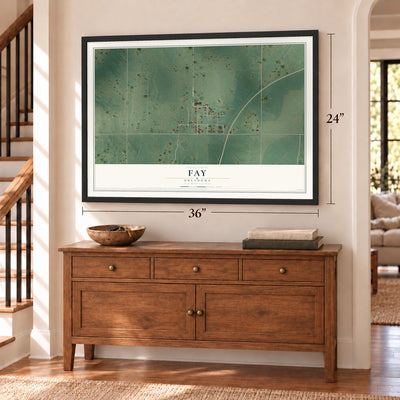 Fay, Oklahoma map, 24 x 36 inch print in a black frame above a dresser by a staircase