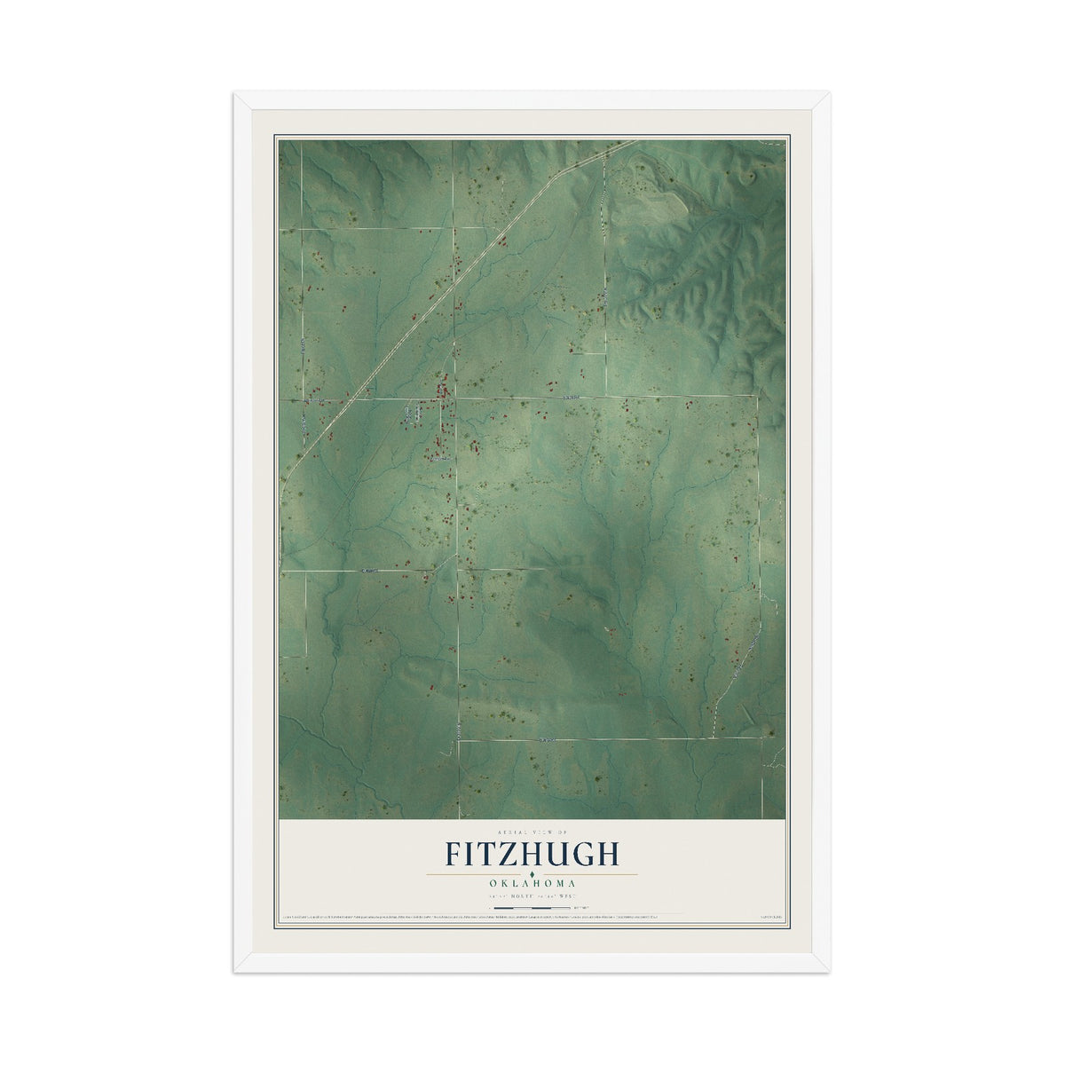 Map of Fitzhugh, Oklahoma, 12 x 18 inch print in a white wood frame