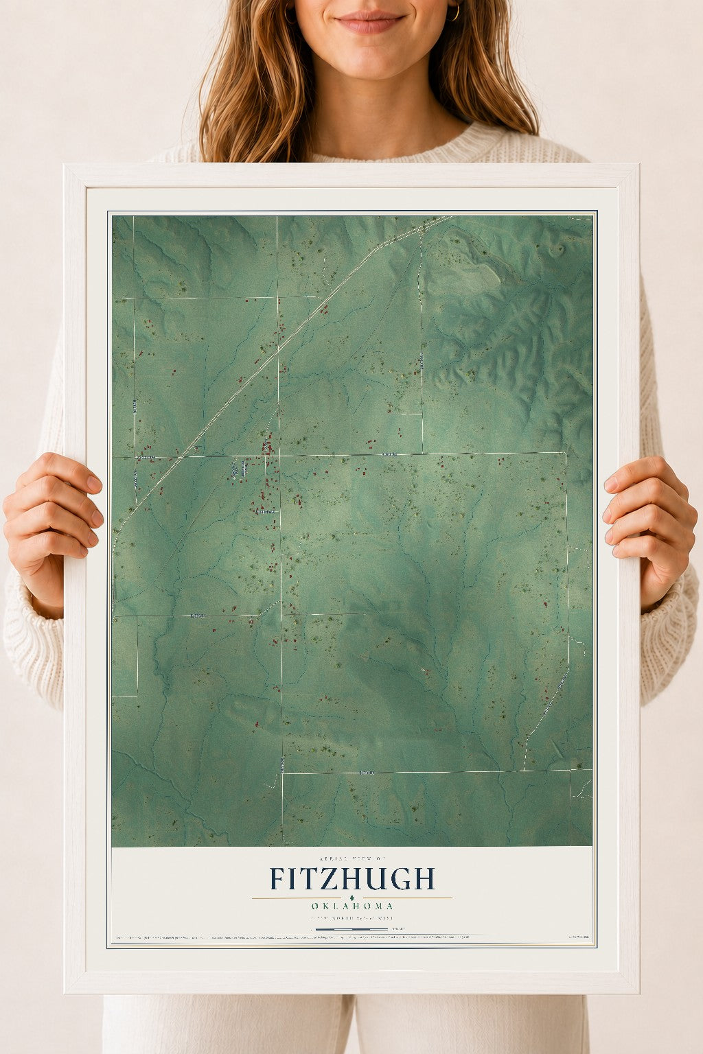 Map of Fitzhugh, Oklahoma, 18 x 24 inch print in a white wood frame