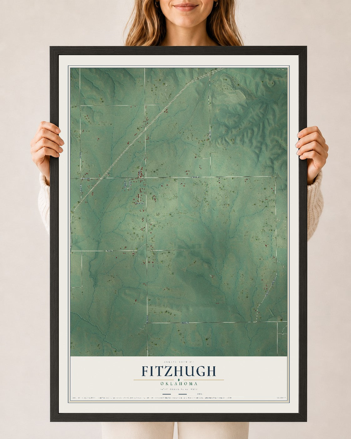 Map of Fitzhugh, Oklahoma, 24 x 36 inch print in a black wood frame