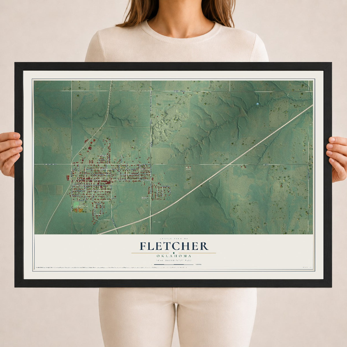 Map of Fletcher, Oklahoma, 18 x 24 inch print in a black wood frame