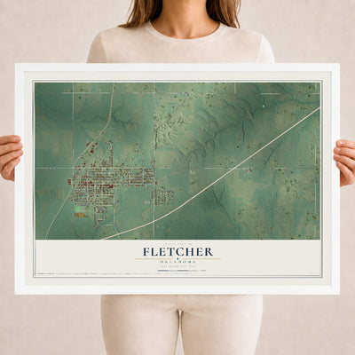Map of Fletcher, Oklahoma, 18 x 24 inch print in a white wood frame