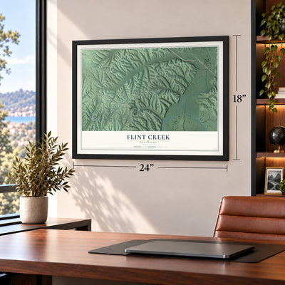 Flint Creek, Oklahoma map, 18 x 24 inch print in a black frame in a home office