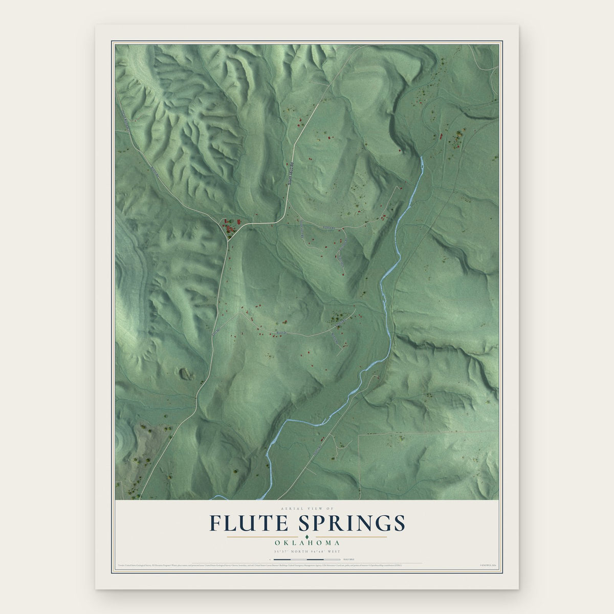 Flute Springs, Oklahoma map print, the full design