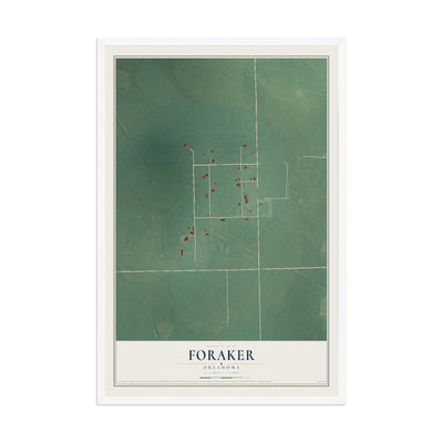 Map of Foraker, Oklahoma, 12 x 18 inch print in a white wood frame