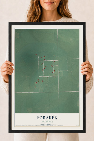 Map of Foraker, Oklahoma, 18 x 24 inch print in a black wood frame