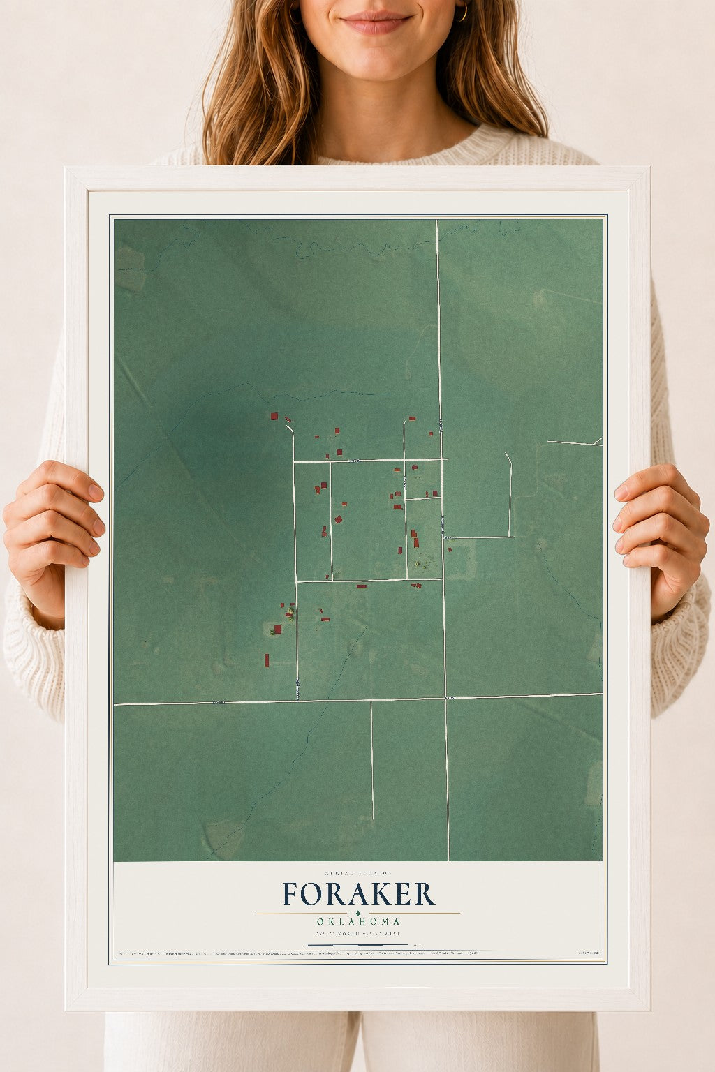 Map of Foraker, Oklahoma, 18 x 24 inch print in a white wood frame