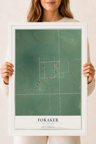 Map of Foraker, Oklahoma, 18 x 24 inch print in a white wood frame