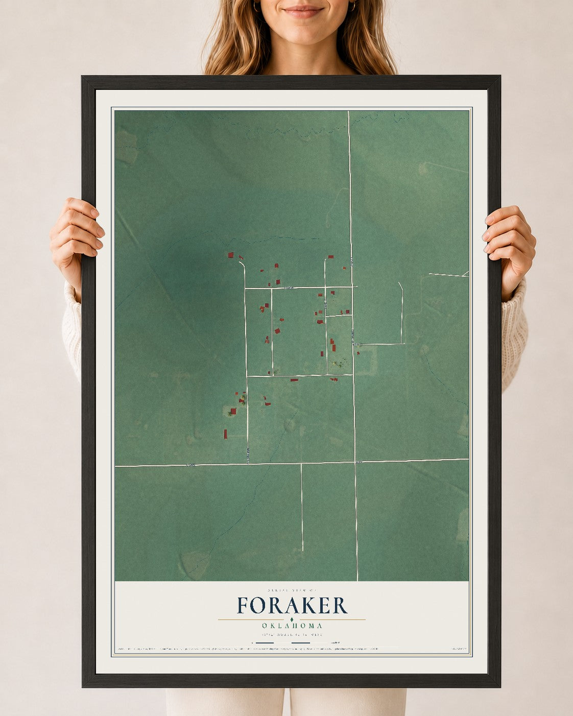 Map of Foraker, Oklahoma, 24 x 36 inch print in a black wood frame