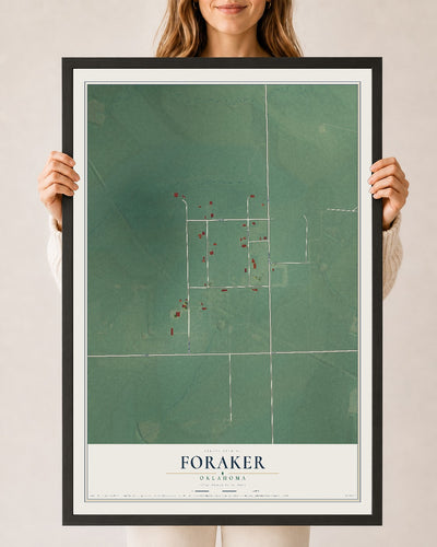 Map of Foraker, Oklahoma, 24 x 36 inch print in a black wood frame