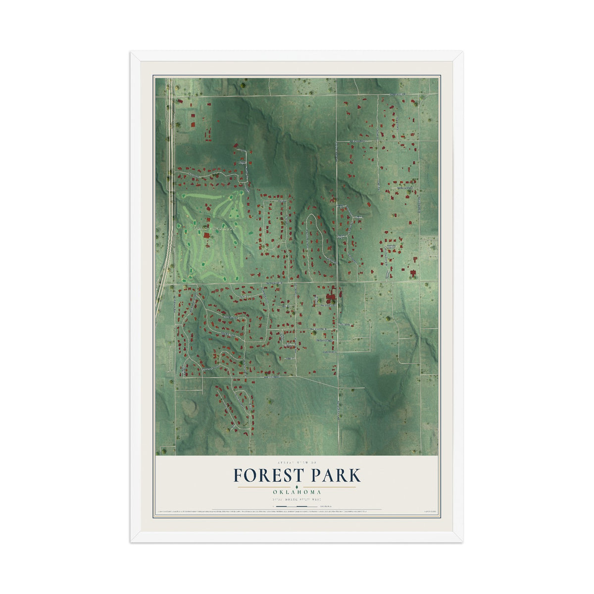 Map of Forest Park, Oklahoma, 12 x 18 inch print in a white wood frame