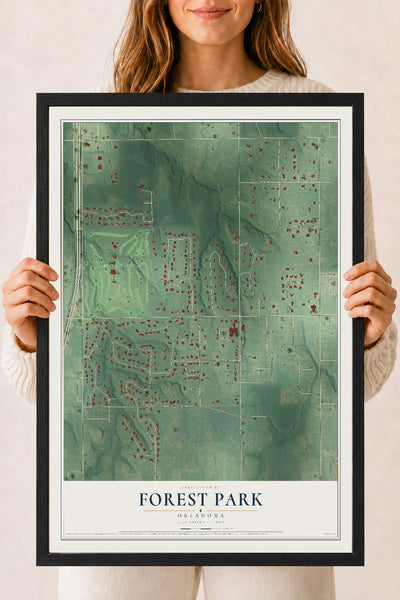 Map of Forest Park, Oklahoma, 18 x 24 inch print in a black wood frame
