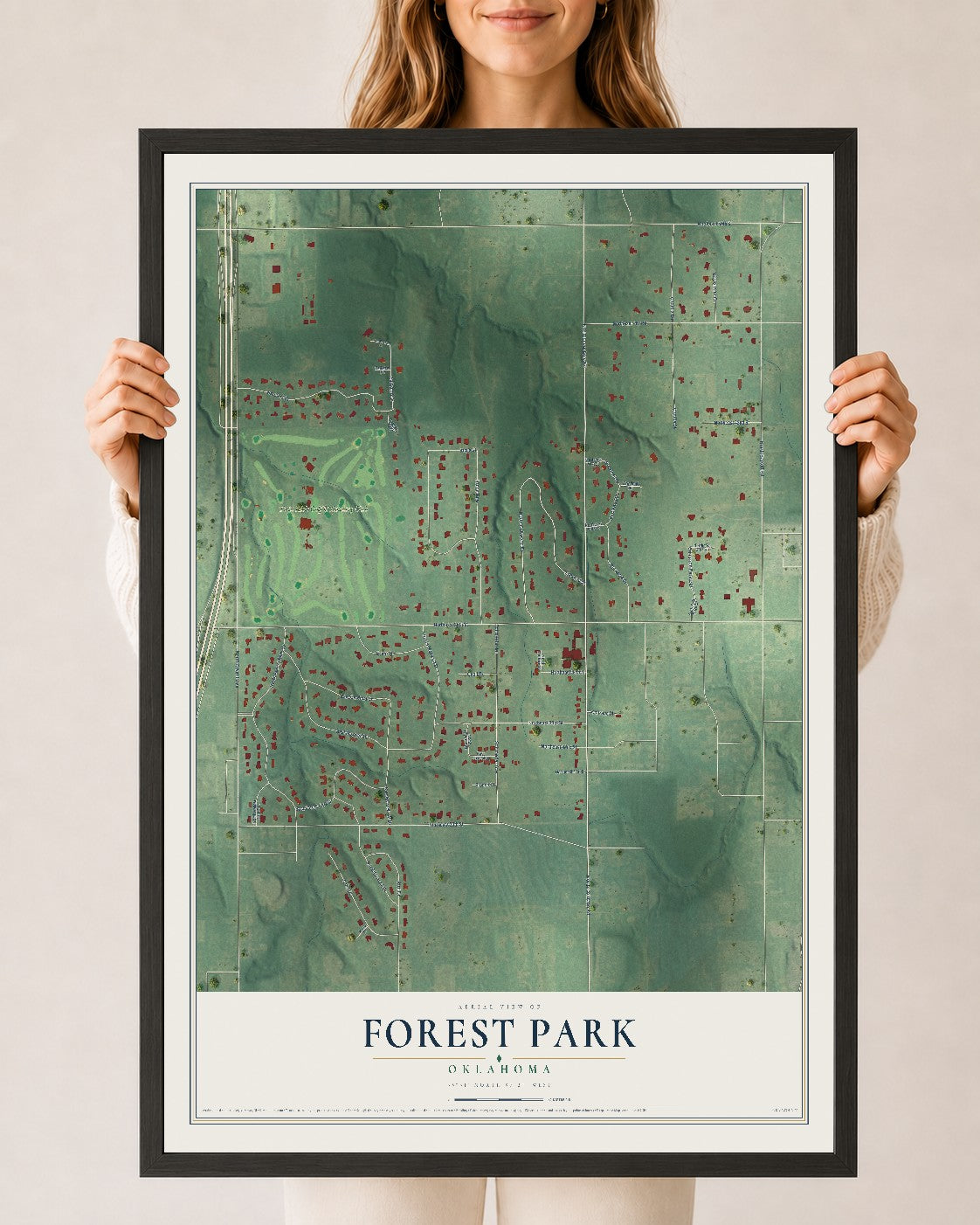 Map of Forest Park, Oklahoma, 24 x 36 inch print in a black wood frame