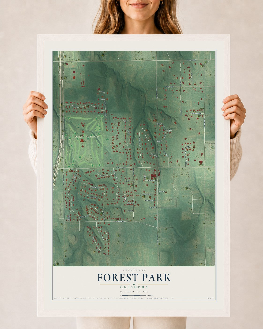 Map of Forest Park, Oklahoma, 24 x 36 inch print in a white wood frame