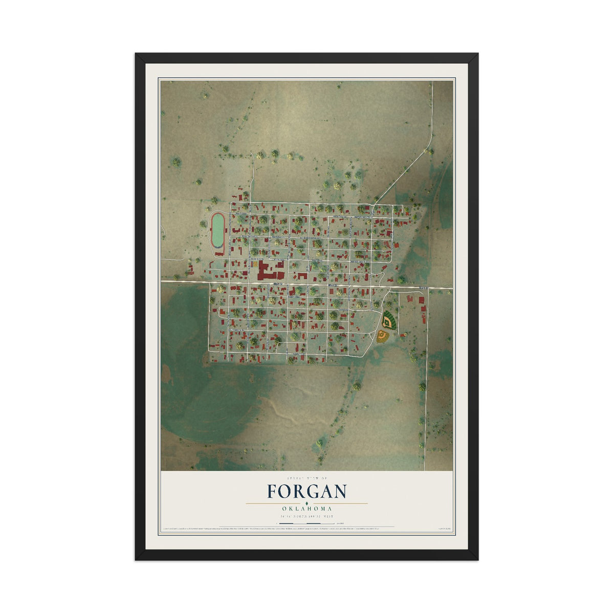 Map of Forgan, Oklahoma, 12 x 18 inch print in a black wood frame