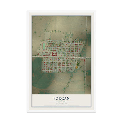 Map of Forgan, Oklahoma, 12 x 18 inch print in a white wood frame