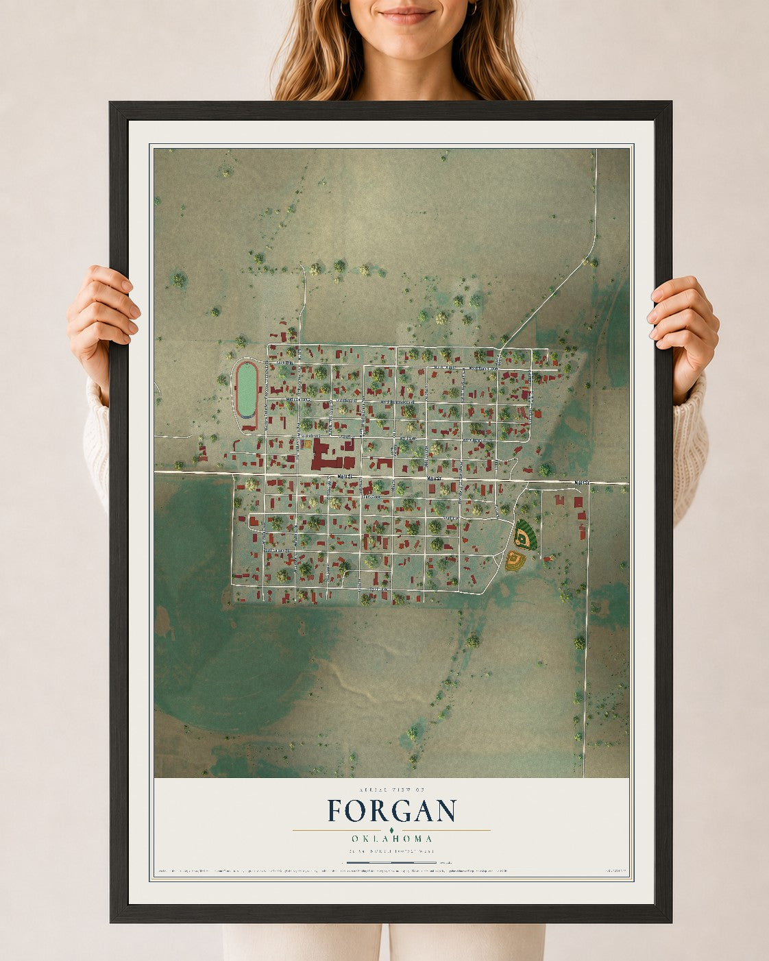 Map of Forgan, Oklahoma, 24 x 36 inch print in a black wood frame