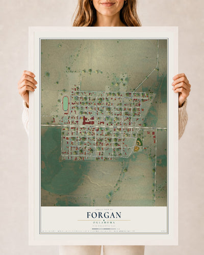 Map of Forgan, Oklahoma, 24 x 36 inch print in a white wood frame