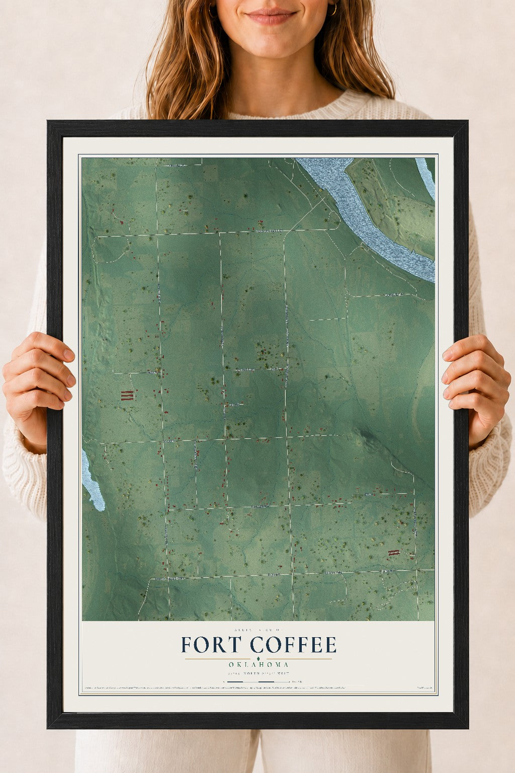 Map of Fort Coffee, Oklahoma, 18 x 24 inch print in a black wood frame