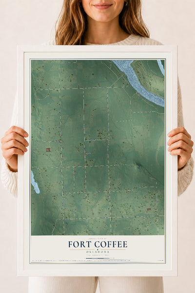 Map of Fort Coffee, Oklahoma, 18 x 24 inch print in a white wood frame