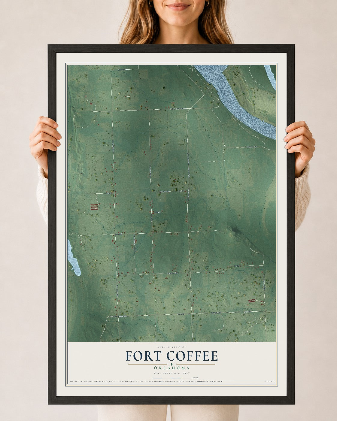 Map of Fort Coffee, Oklahoma, 24 x 36 inch print in a black wood frame