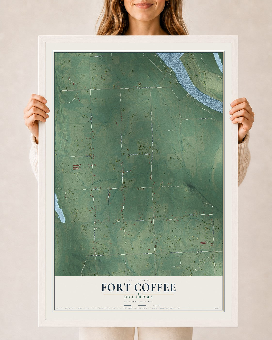 Map of Fort Coffee, Oklahoma, 24 x 36 inch print in a white wood frame