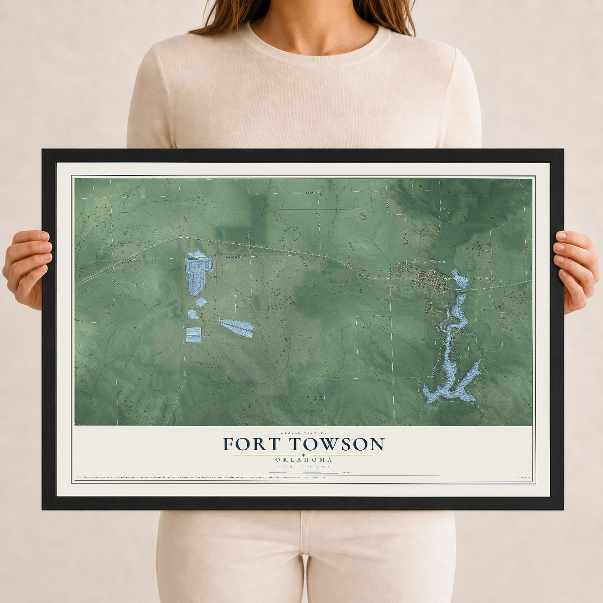 Map of Fort Towson, Oklahoma, 12 x 18 inch print in a black wood frame