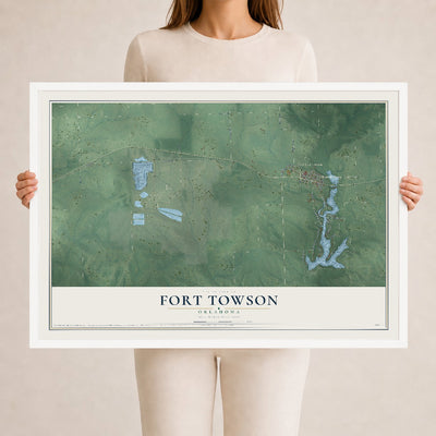 Map of Fort Towson, Oklahoma, 24 x 36 inch print in a white wood frame