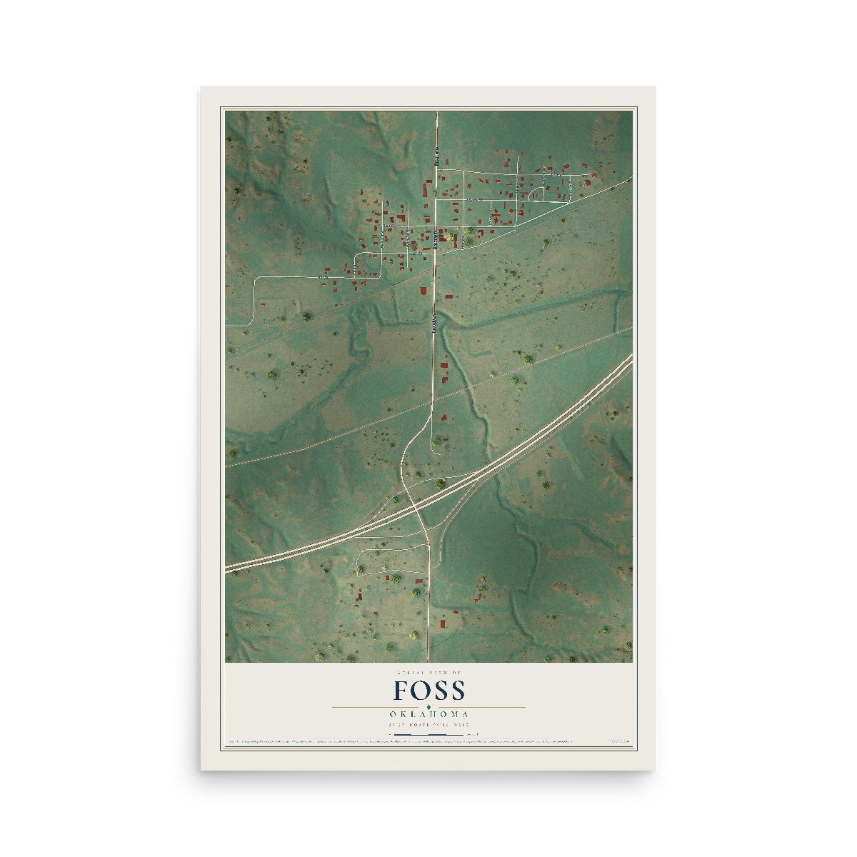 Map of Foss, Oklahoma, 12 x 18 inch unframed archival matte print