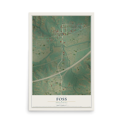 Map of Foss, Oklahoma, 12 x 18 inch unframed archival matte print