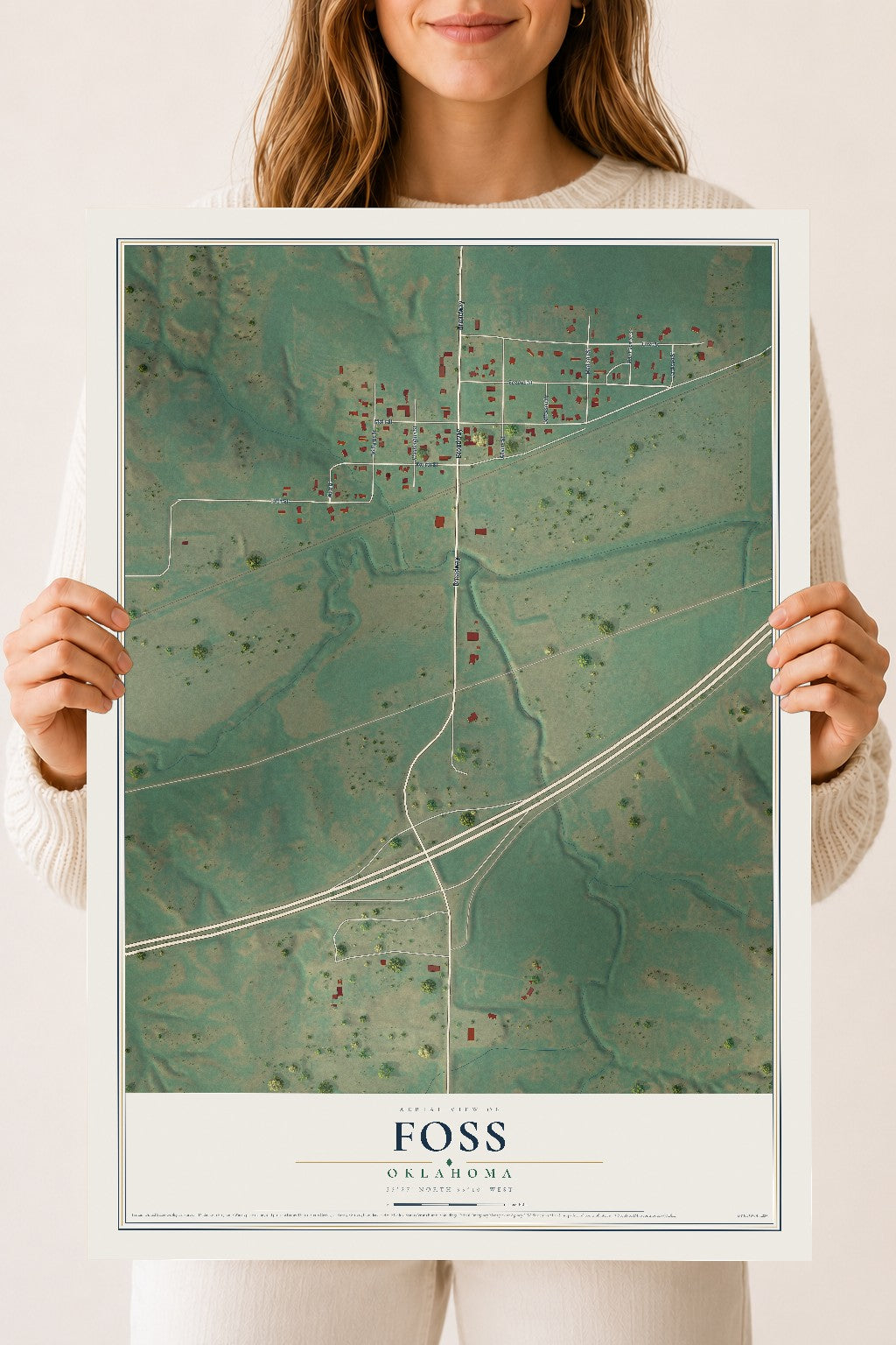 Map of Foss, Oklahoma, 18 x 24 inch unframed archival matte print