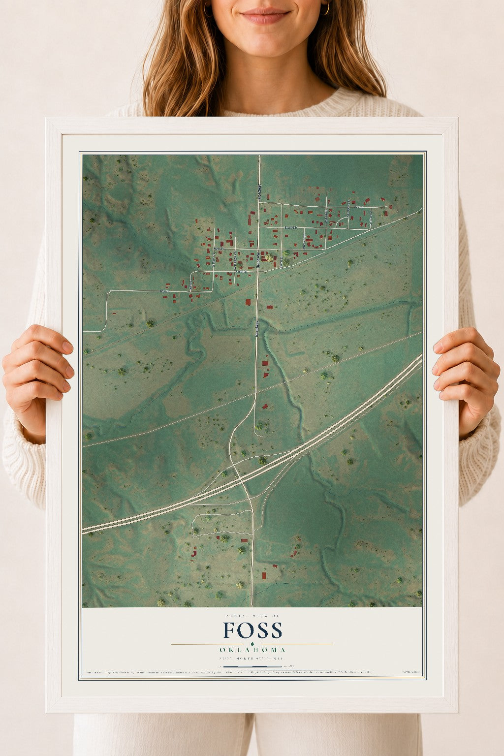 Map of Foss, Oklahoma, 18 x 24 inch print in a white wood frame