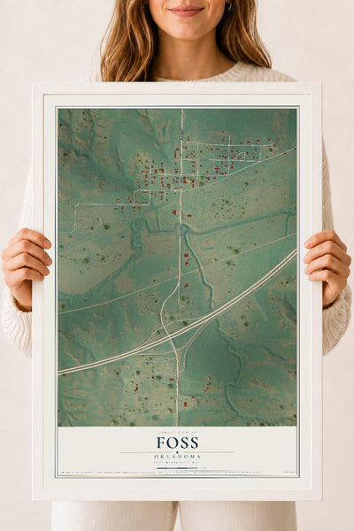 Map of Foss, Oklahoma, 18 x 24 inch print in a white wood frame