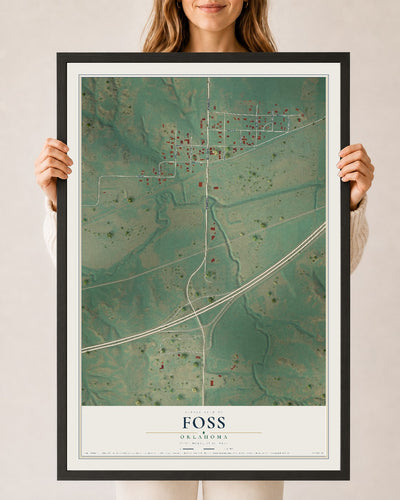 Map of Foss, Oklahoma, 24 x 36 inch print in a black wood frame