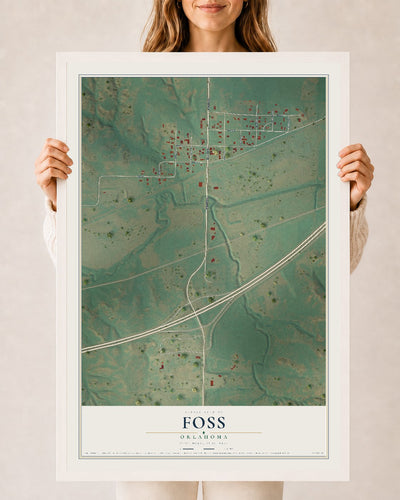 Map of Foss, Oklahoma, 24 x 36 inch print in a white wood frame
