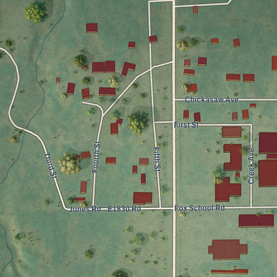 Close-up of the map of Fox, Oklahoma print showing street and building detail