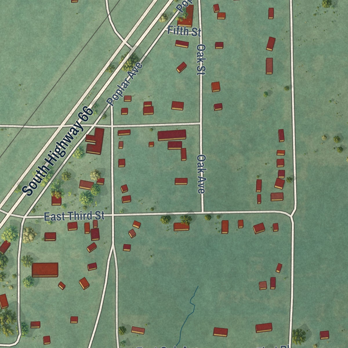 Close-up of the map of Foyil, Oklahoma print showing street and building detail