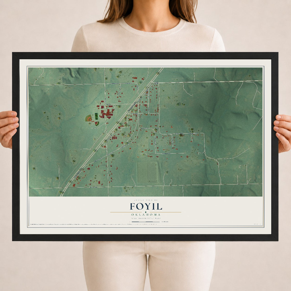 Map of Foyil, Oklahoma, 18 x 24 inch print in a black wood frame