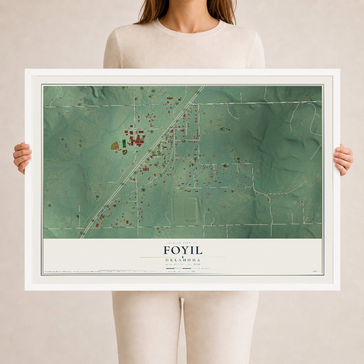 Map of Foyil, Oklahoma, 24 x 36 inch print in a white wood frame