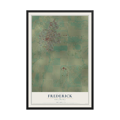 Map of Frederick, Oklahoma, 12 x 18 inch print in a black wood frame