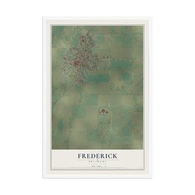 Map of Frederick, Oklahoma, 12 x 18 inch print in a white wood frame