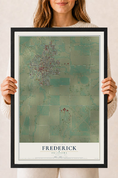Map of Frederick, Oklahoma, 18 x 24 inch print in a black wood frame