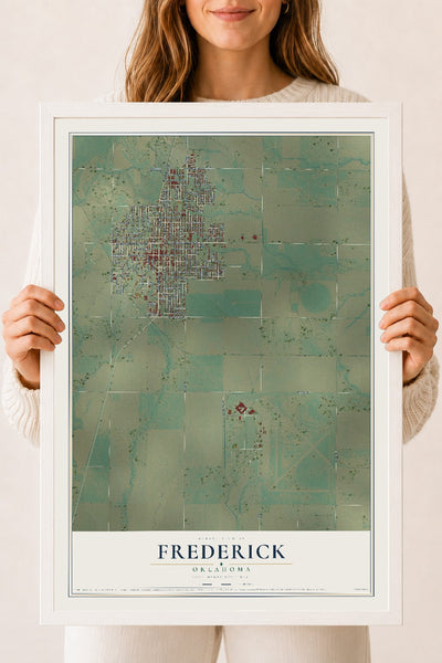 Map of Frederick, Oklahoma, 18 x 24 inch print in a white wood frame