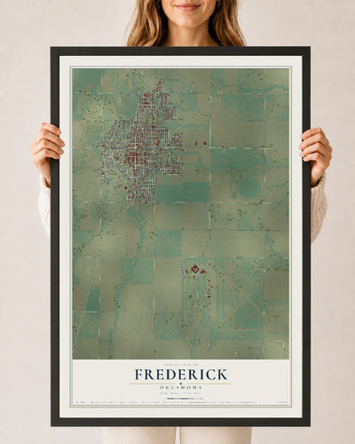 Map of Frederick, Oklahoma, 24 x 36 inch print in a black wood frame