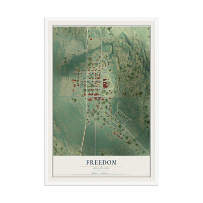 Map of Freedom, Oklahoma, 12 x 18 inch print in a white wood frame