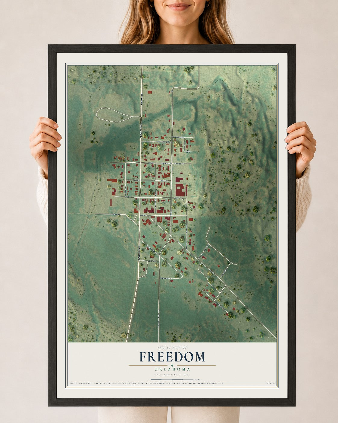 Map of Freedom, Oklahoma, 24 x 36 inch print in a black wood frame