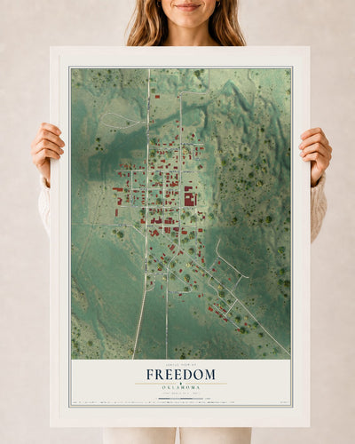 Map of Freedom, Oklahoma, 24 x 36 inch print in a white wood frame