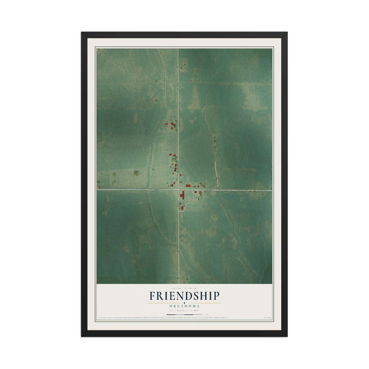Map of Friendship, Oklahoma, 12 x 18 inch print in a black wood frame
