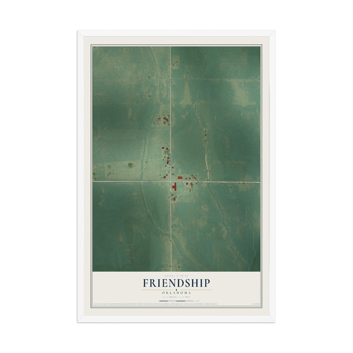 Map of Friendship, Oklahoma, 12 x 18 inch print in a white wood frame
