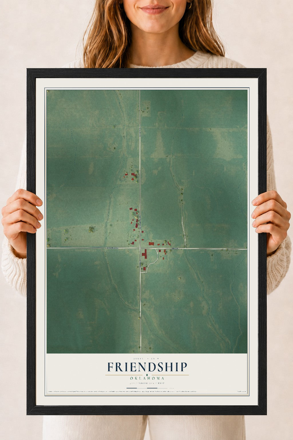 Map of Friendship, Oklahoma, 18 x 24 inch print in a black wood frame